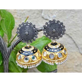 Bold Two Tone Silver Gold Jhumka Earrings 